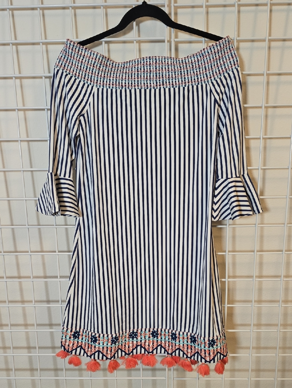Cabana Life Navy & White Striped Off-Shoulder Coverup  Coral Tassel Trim Small